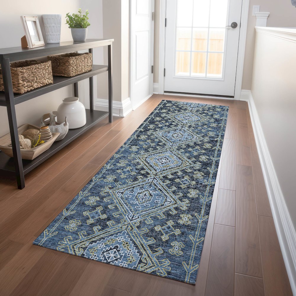 Premium Machine Washable Mayfield  Blue 2'3" x 7'6" Runner Rug. Picture 5