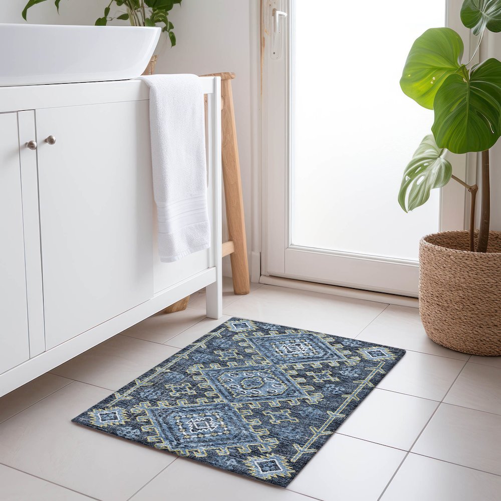 Premium Machine Washable Mayfield  Blue 1'8" x 2'6" Rug. Picture 5