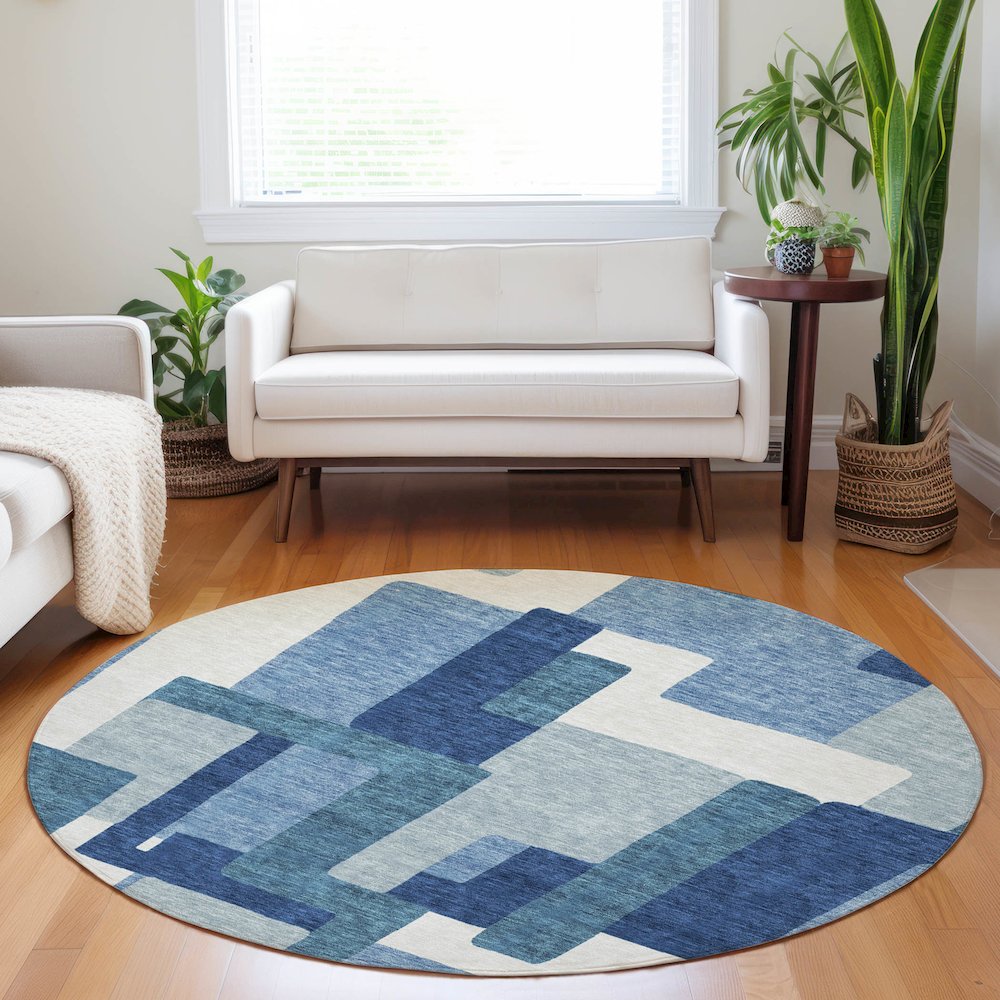 Premium Machine Washable Mayfield AMF740 Blue 8' x 8' Round Rug. Picture 5