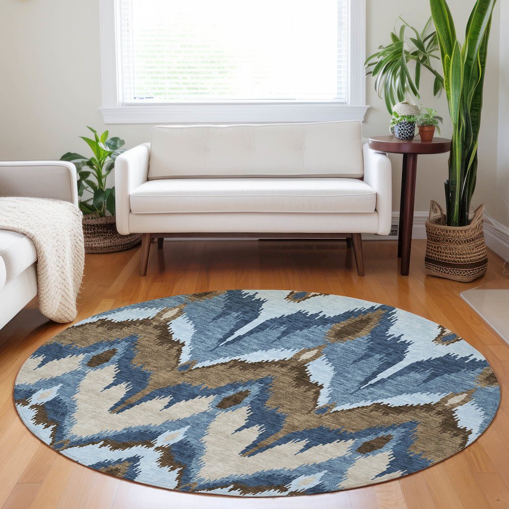 Premium Machine Washable Mayfield AMF743 Blue 8' x 8' Round Rug. Picture 5