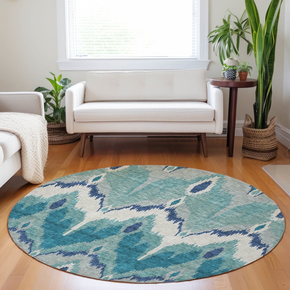 Premium Machine Washable Mayfield AMF743 Teal 8' x 8' Round Rug. Picture 5