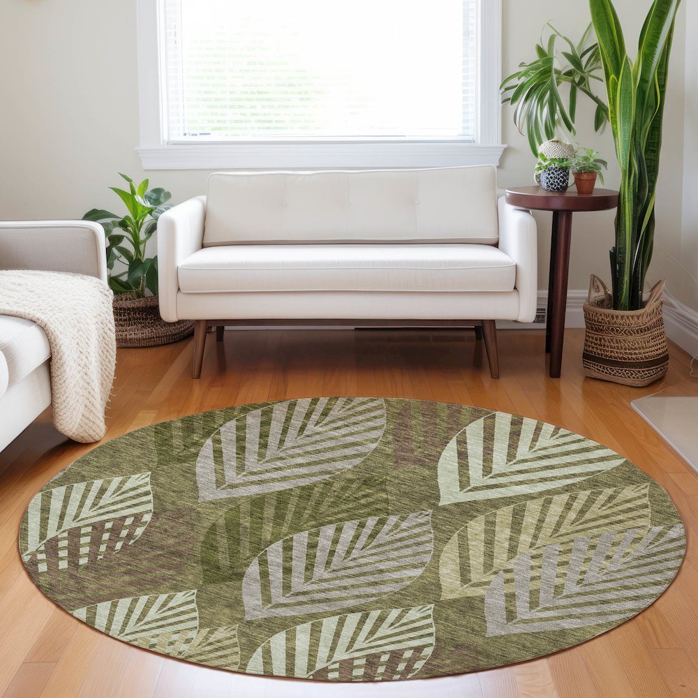 Premium Machine Washable Mayfield AMF744 Olive 8' x 8' Round Rug. Picture 5