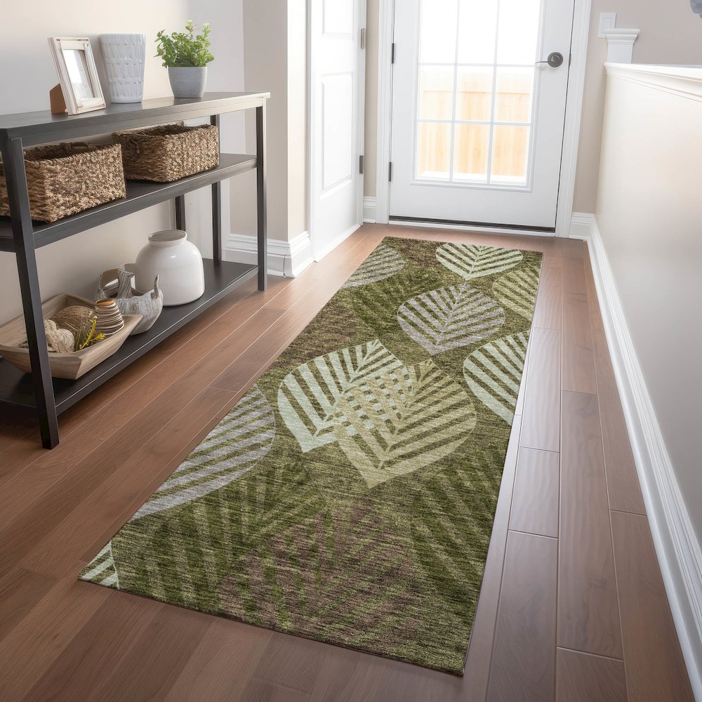 Premium Machine Washable Mayfield AMF744 Olive 2'3" x 7'6" Runner Rug. Picture 5