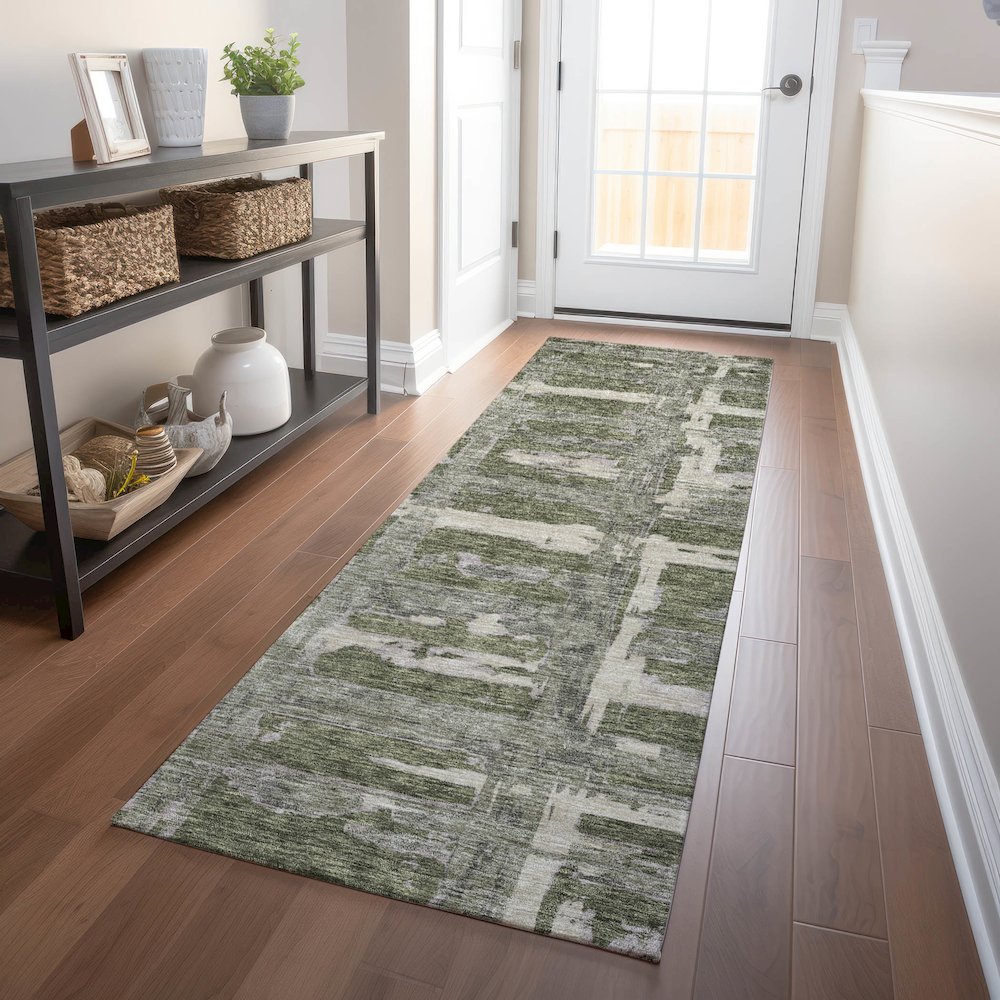 Premium Machine Washable Mayfield AMF745 Olive 2'3" x 7'6" Runner Rug. Picture 5