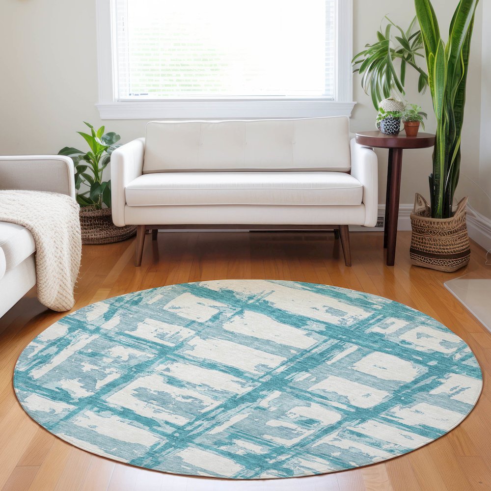 Premium Machine Washable Mayfield AMF745 Teal 8' x 8' Round Rug. Picture 5