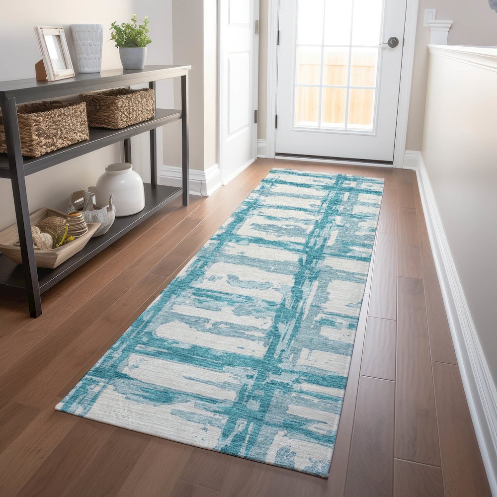Premium Machine Washable Mayfield AMF745 Teal 2'3" x 7'6" Runner Rug. Picture 5