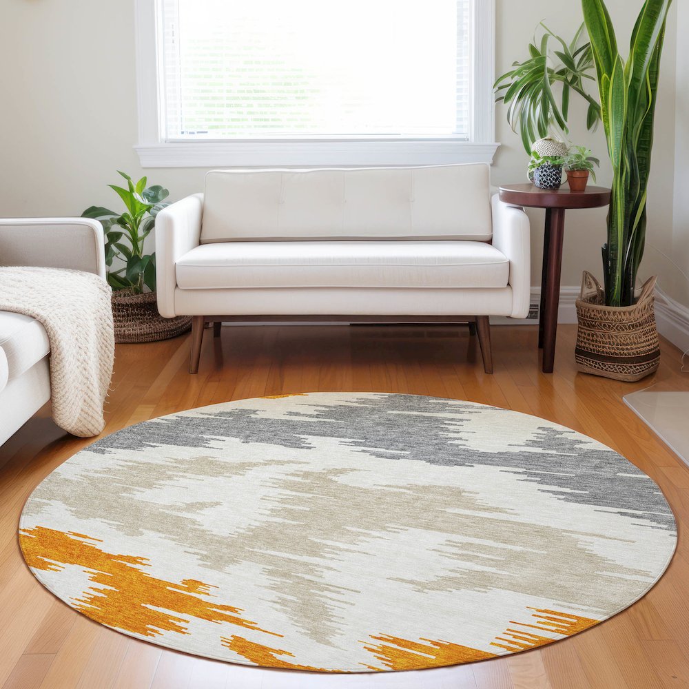 Premium Machine Washable Mayfield AMF746 Orange 8' x 8' Round Rug. Picture 5