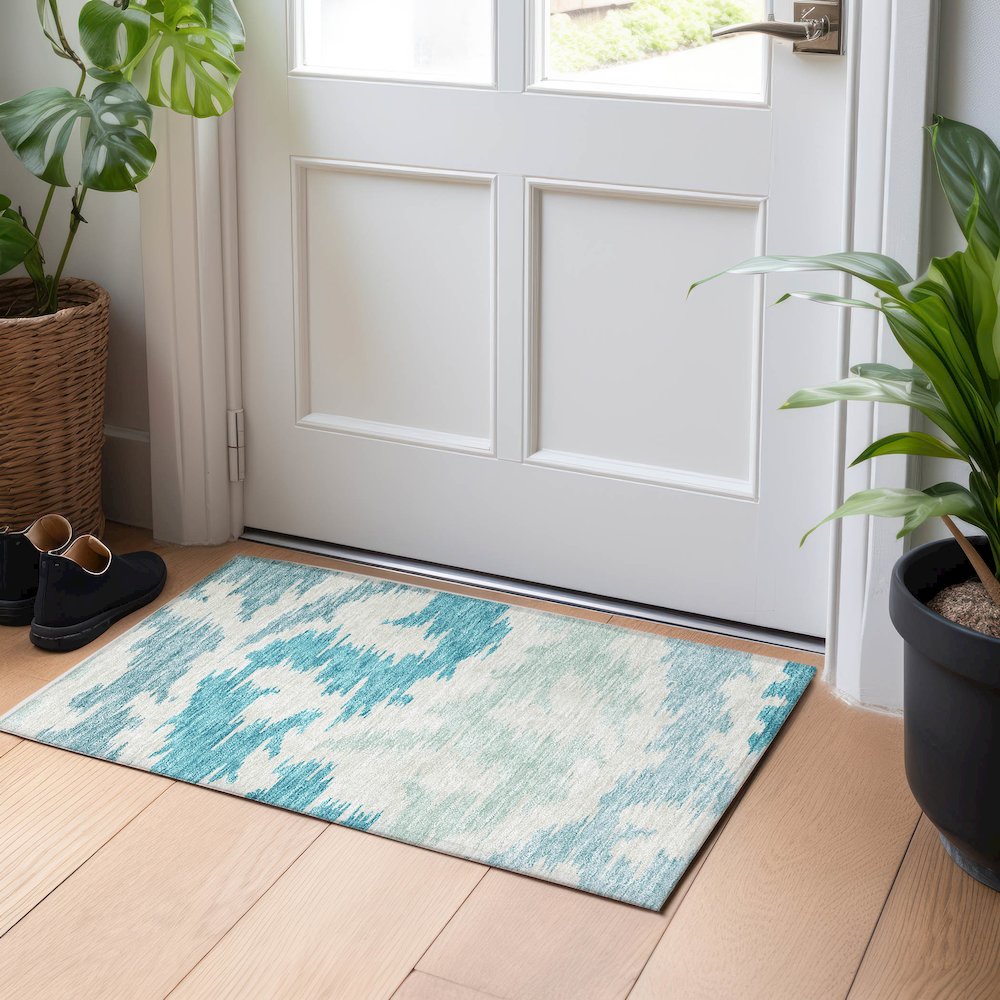 Premium Machine Washable Mayfield AMF746 Teal 1'8" x 2'6" Rug. Picture 5