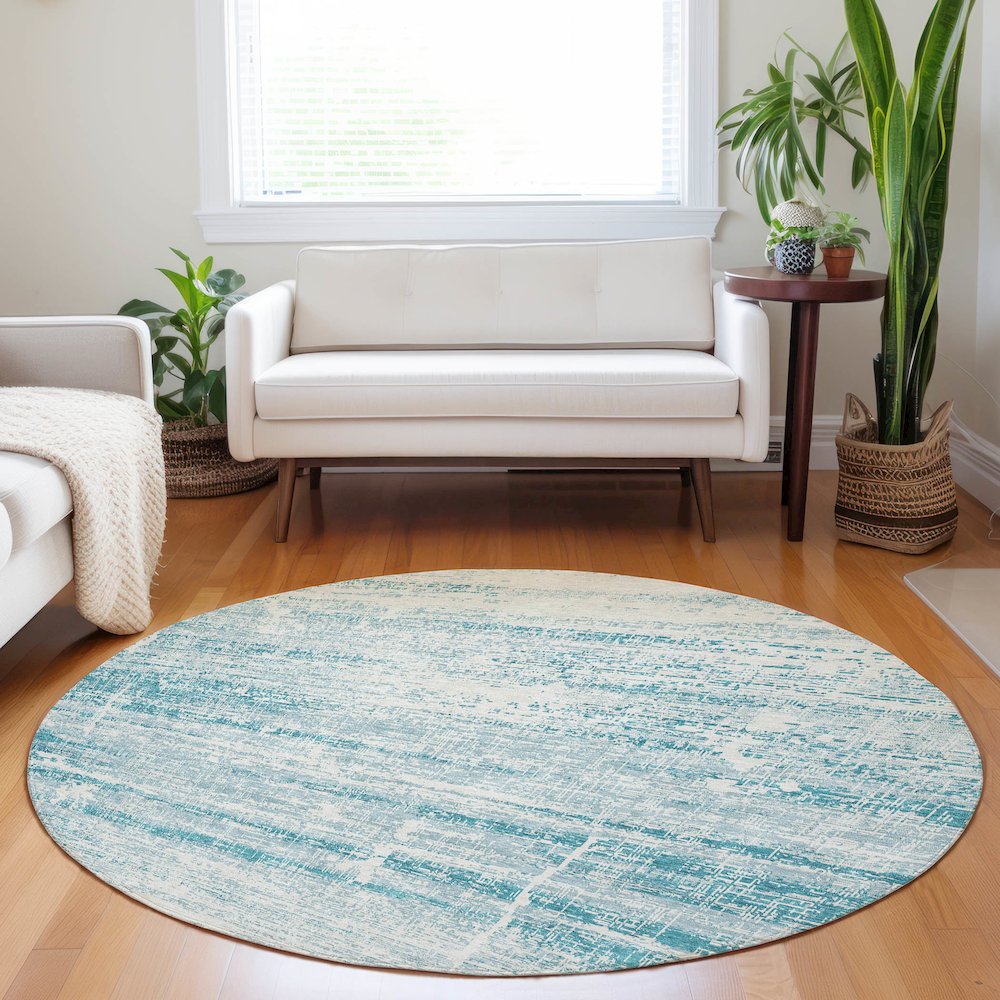 Premium Machine Washable Mayfield AMF747 Teal 8' x 8' Round Rug. Picture 5