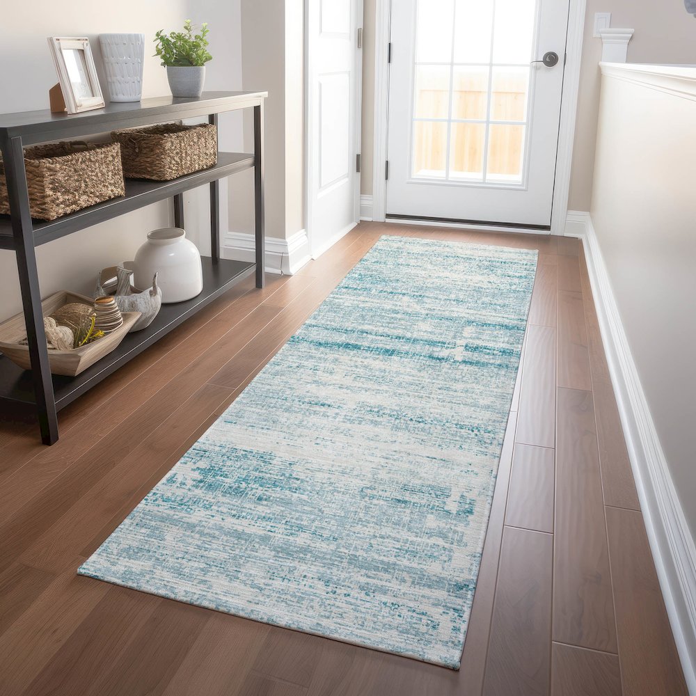 Premium Machine Washable Mayfield AMF747 Teal 2'3" x 7'6" Runner Rug. Picture 5