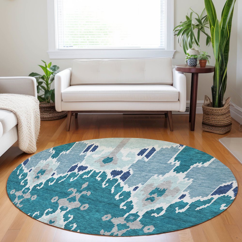Premium Machine Washable Mayfield AMF748 Teal 8' x 8' Round Rug. Picture 5