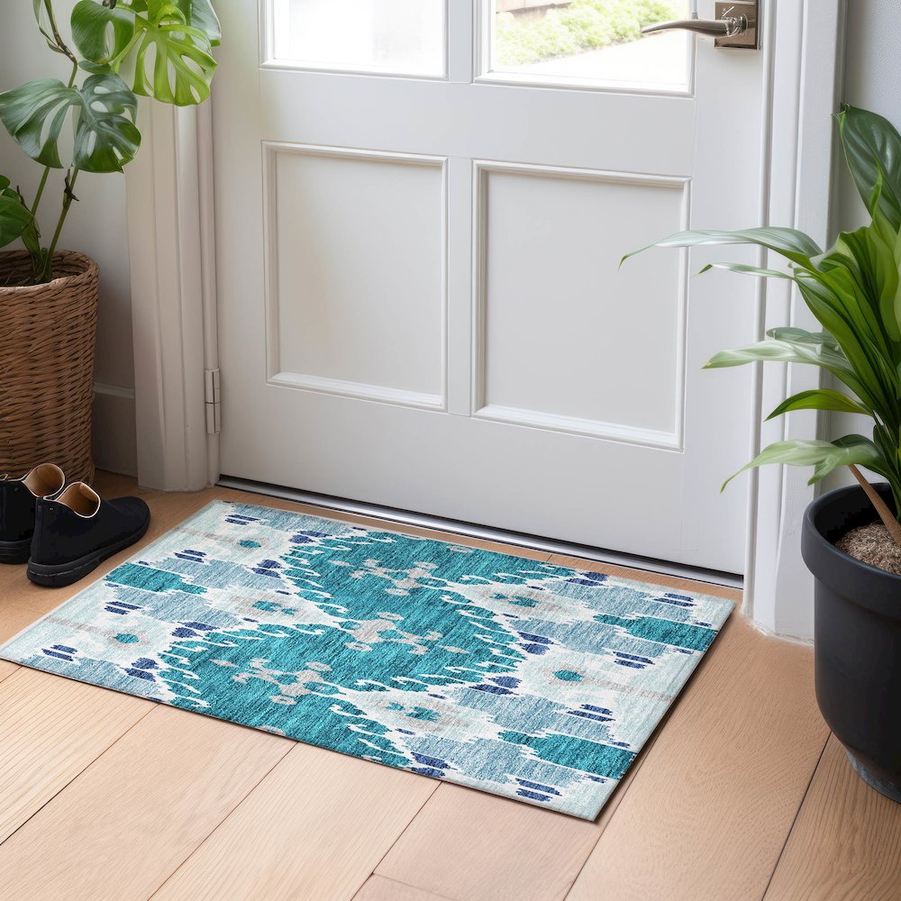 Premium Machine Washable Mayfield AMF748 Teal 1'8" x 2'6" Rug. Picture 5