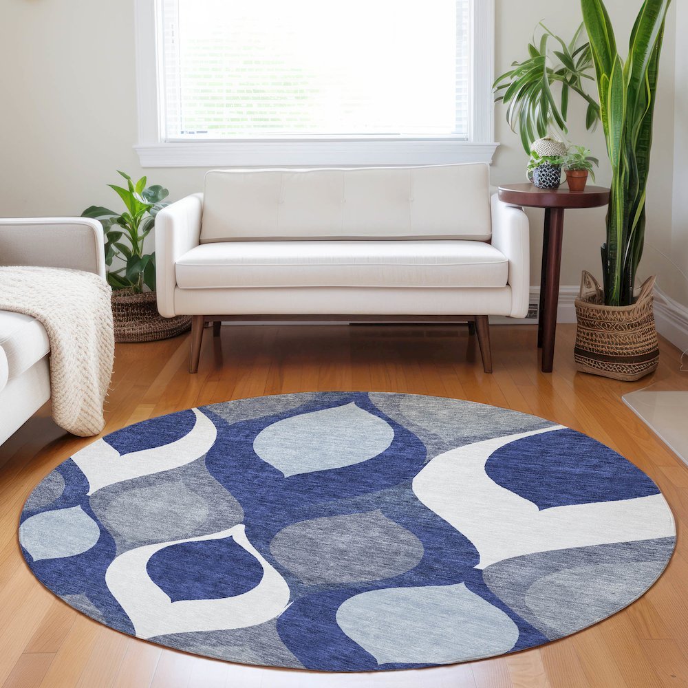 Premium Machine Washable Mayfield AMF749 Navy 8' x 8' Round Rug. Picture 5