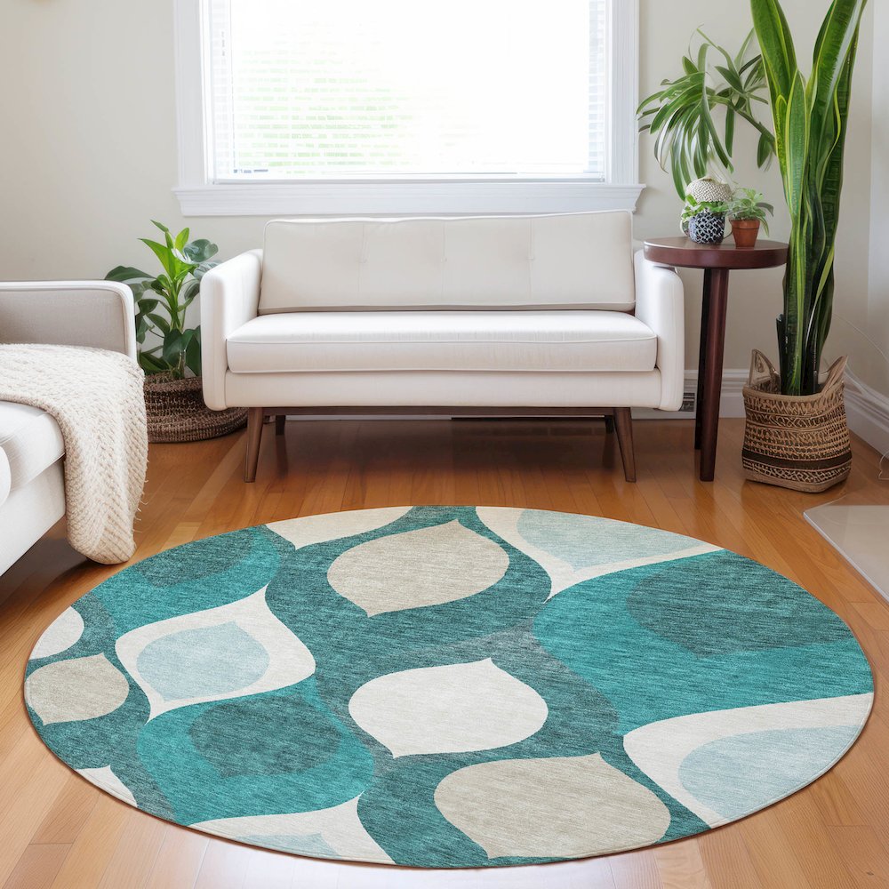 Premium Machine Washable Mayfield AMF749 Teal 8' x 8' Round Rug. Picture 5