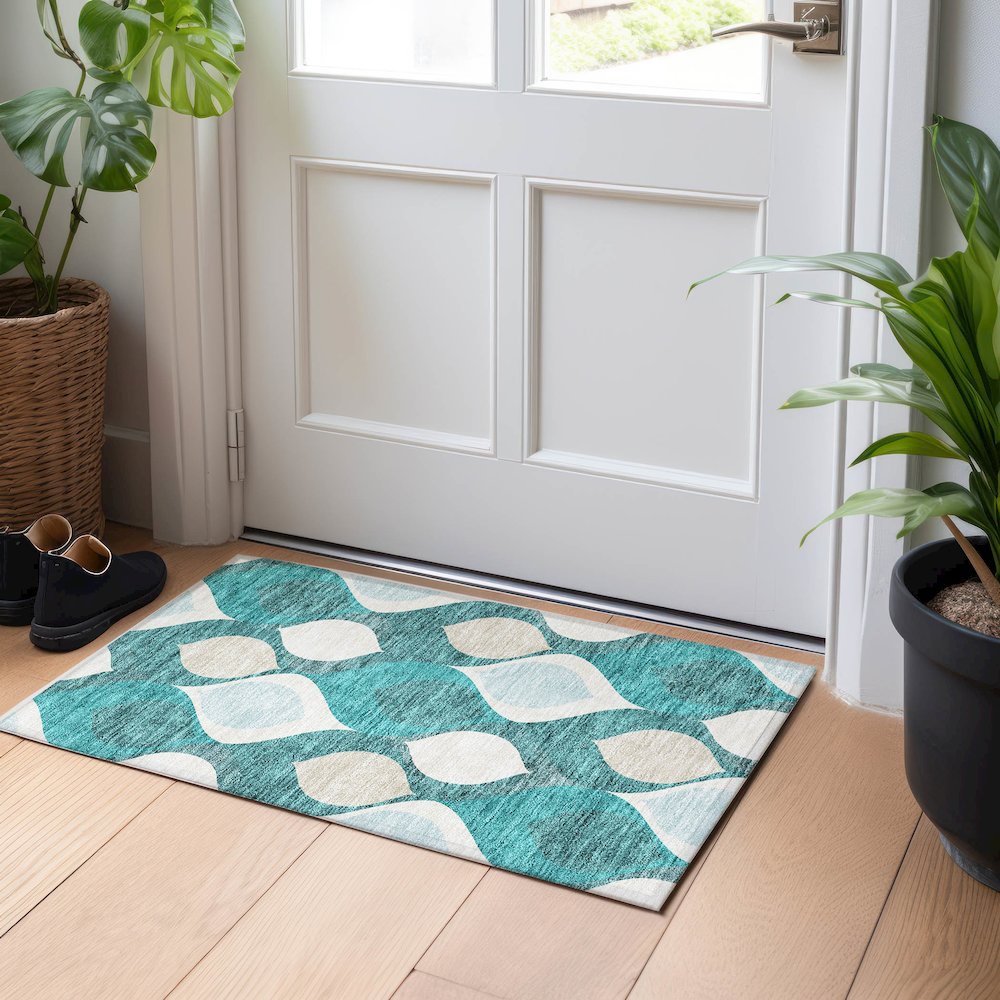 Premium Machine Washable Mayfield AMF749 Teal 1'8" x 2'6" Rug. Picture 5