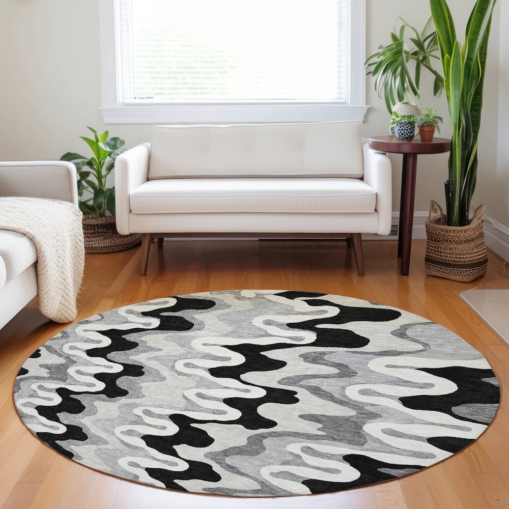 Premium Machine Washable Mayfield AMF750 Black 8' x 8' Round Rug. Picture 5