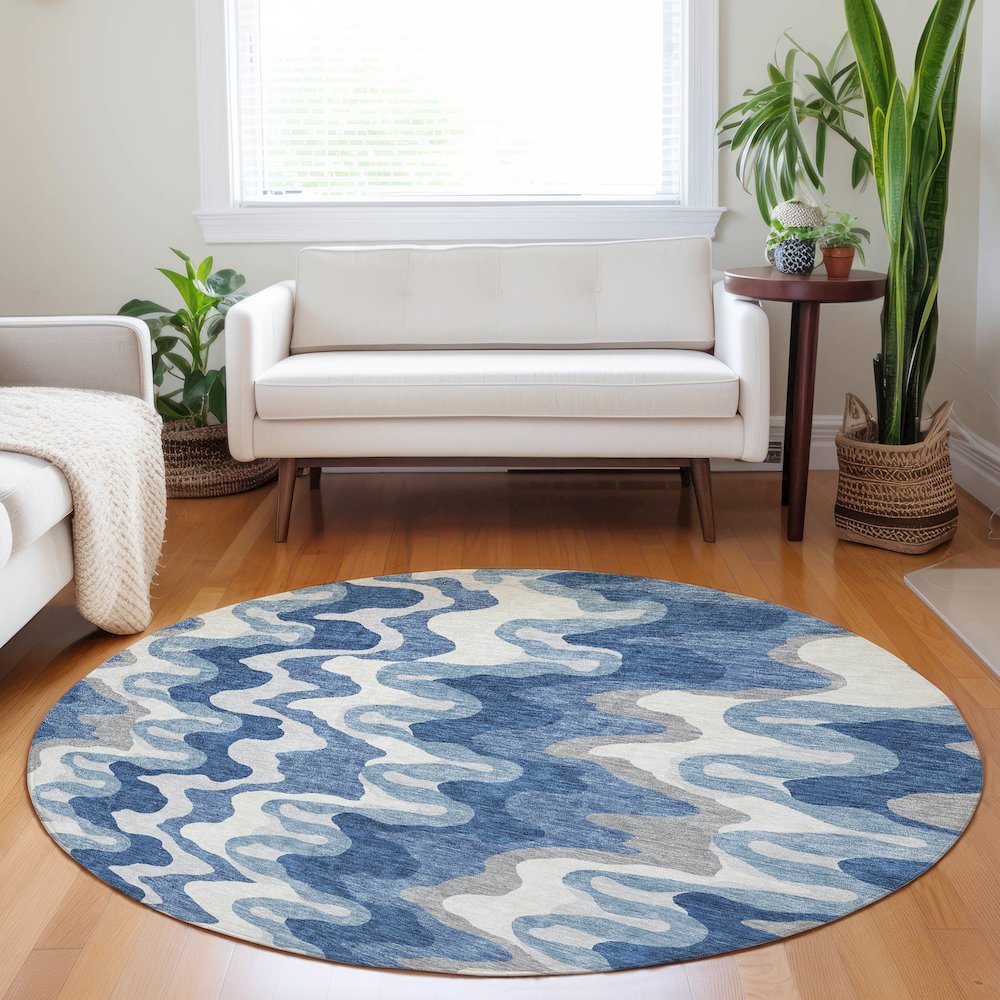 Premium Machine Washable Mayfield AMF750 Blue 8' x 8' Round Rug. Picture 5