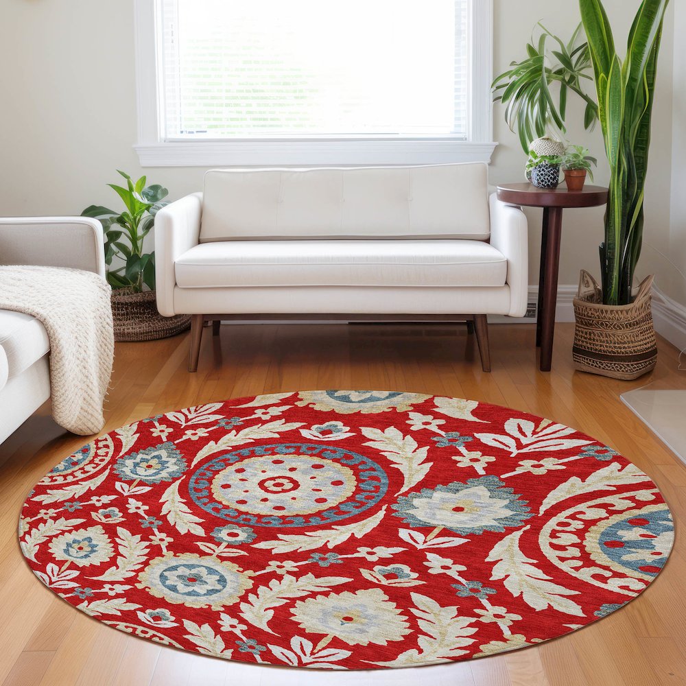 Premium Machine Washable Mayfield AMF751 Red 8' x 8' Round Rug. Picture 5