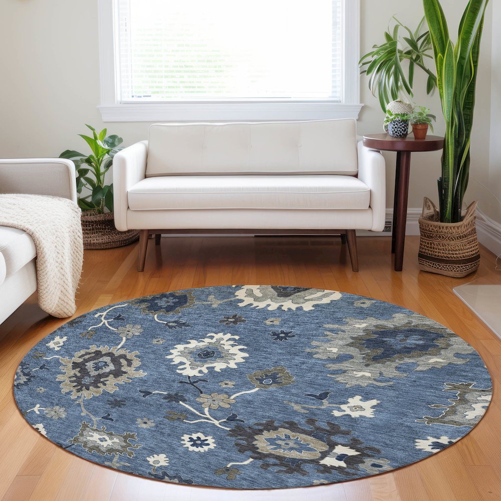 Premium Machine Washable Mayfield AMF753 Blue 8' x 8' Round Rug. Picture 5