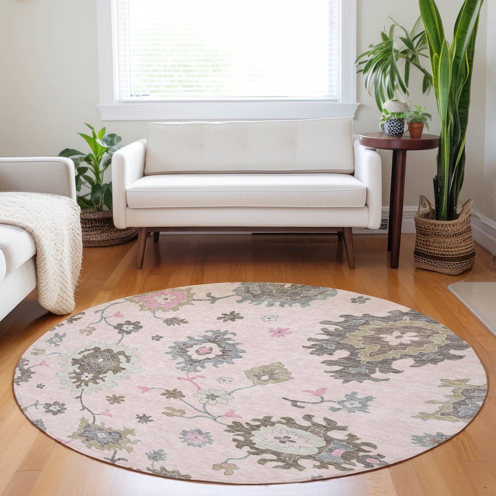 Premium Machine Washable Mayfield AMF753 Pink 8' x 8' Round Rug. Picture 5