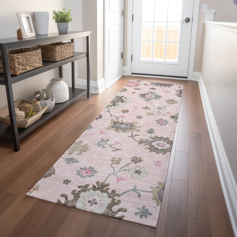 Premium Machine Washable Mayfield AMF753 Pink 2'3" x 7'6" Runner Rug. Picture 5