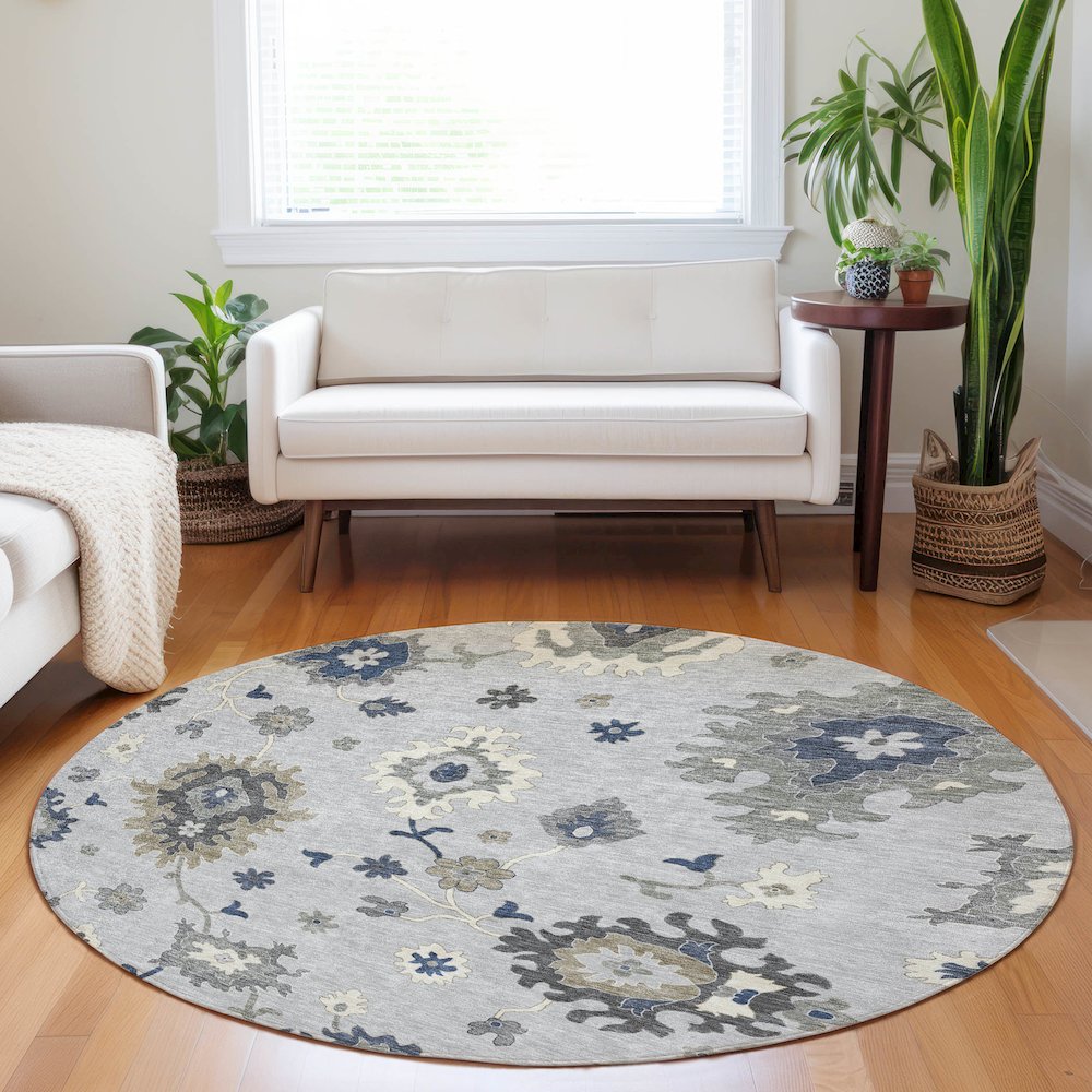 Premium Machine Washable Mayfield AMF753 Silver 8' x 8' Round Rug. Picture 5