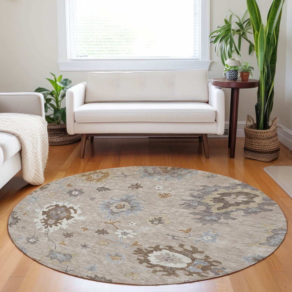 Premium Machine Washable Mayfield AMF753 Taupe 8' x 8' Round Rug. Picture 5
