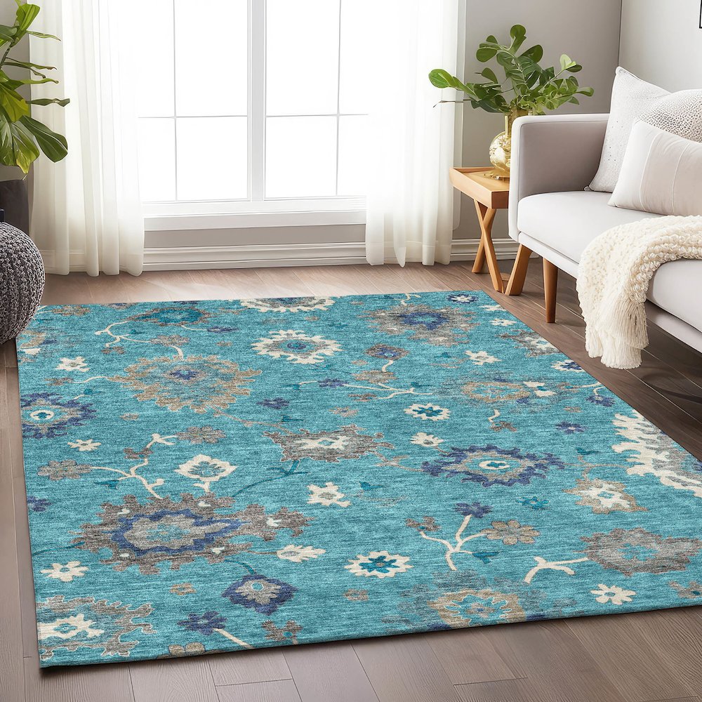 Premium Machine Washable Mayfield AMF753 Teal 2'6" x 3'10" Rug. Picture 5
