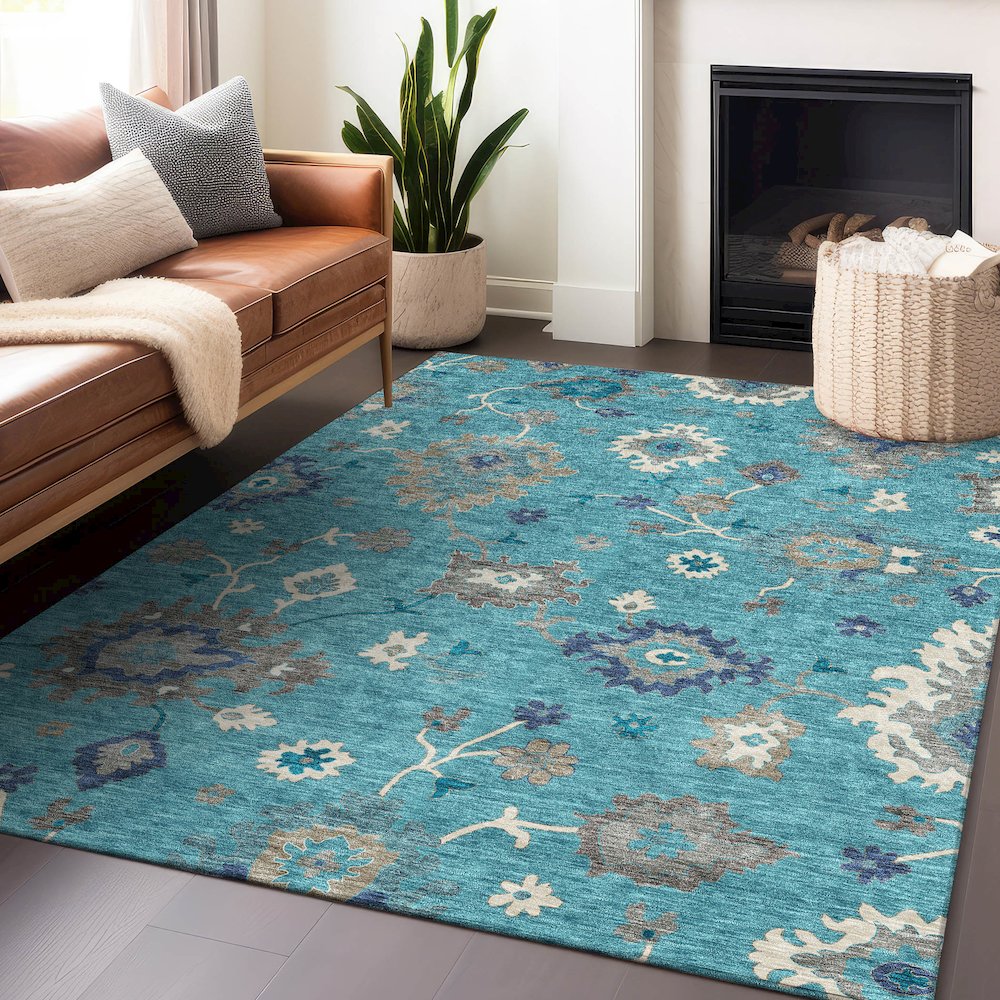Premium Machine Washable Mayfield AMF753 Teal 2'6" x 3'10" Rug. Picture 6