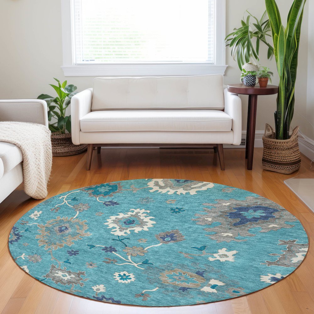 Premium Machine Washable Mayfield AMF753 Teal 8' x 8' Round Rug. Picture 5