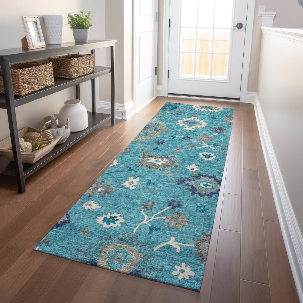 Premium Machine Washable Mayfield AMF753 Teal 2'3" x 7'6" Runner Rug. Picture 5