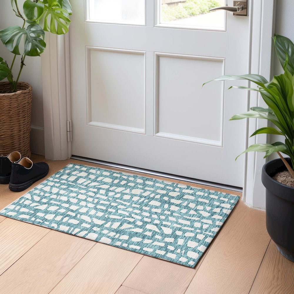 Premium Machine Washable Mayfield AMF754 Teal 1'8" x 2'6" Rug. Picture 5
