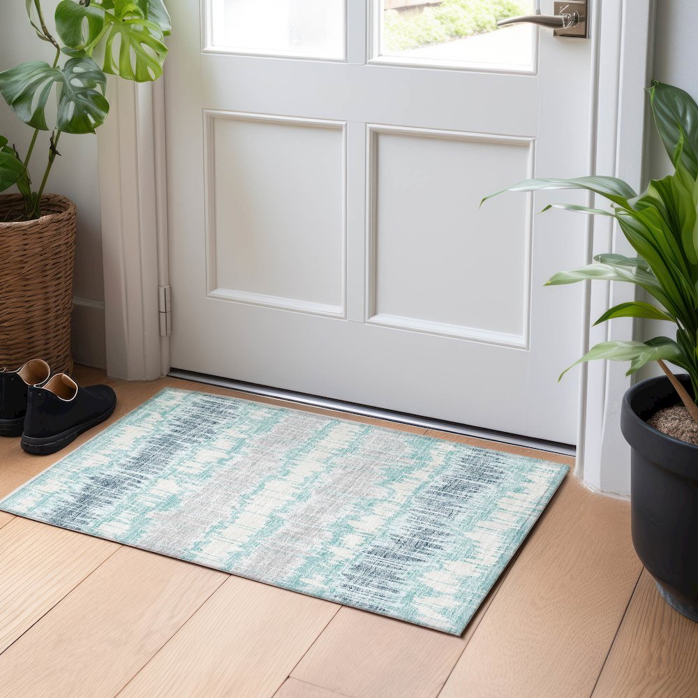 Premium Machine Washable Mayfield AMF755 Teal 1'8" x 2'6" Rug. Picture 5
