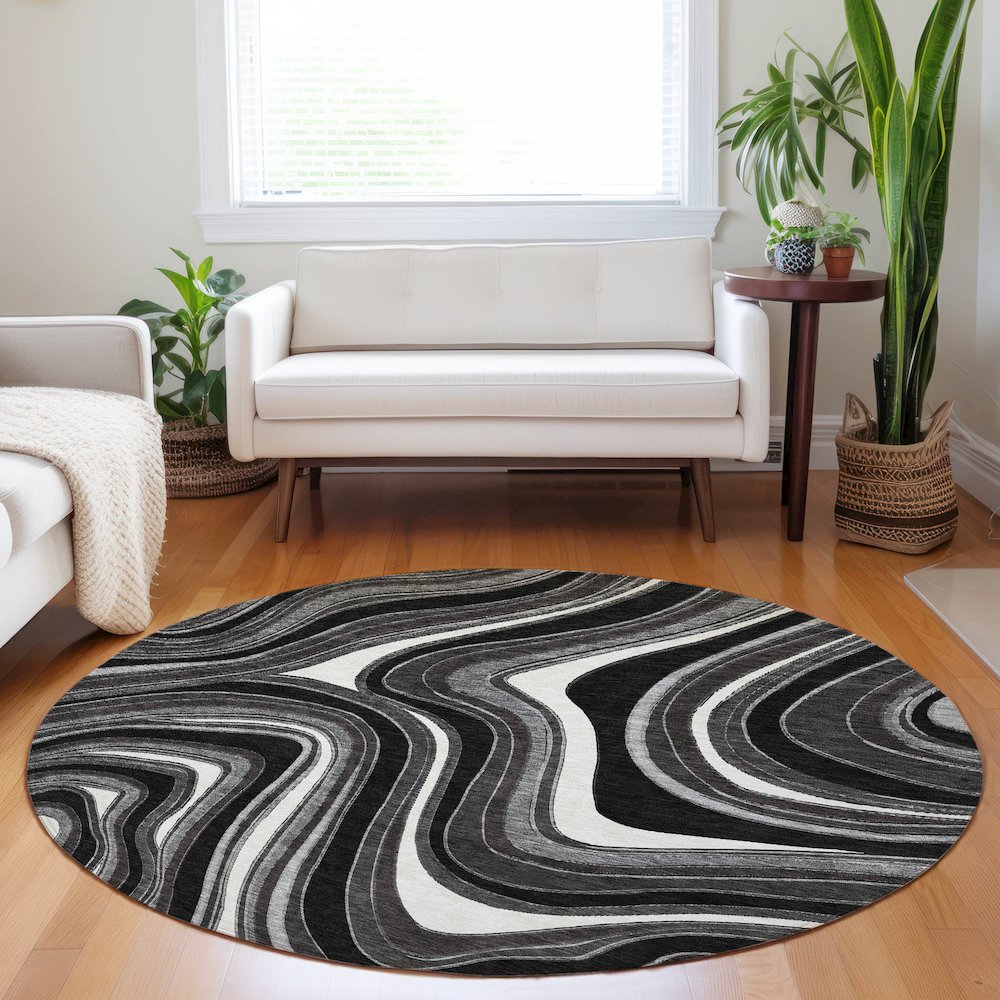 Premium Machine Washable Mayfield AMF756 Black 8' x 8' Round Rug. Picture 5