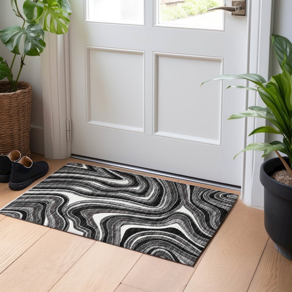 Premium Machine Washable Mayfield AMF756 Black 1'8" x 2'6" Rug. Picture 5
