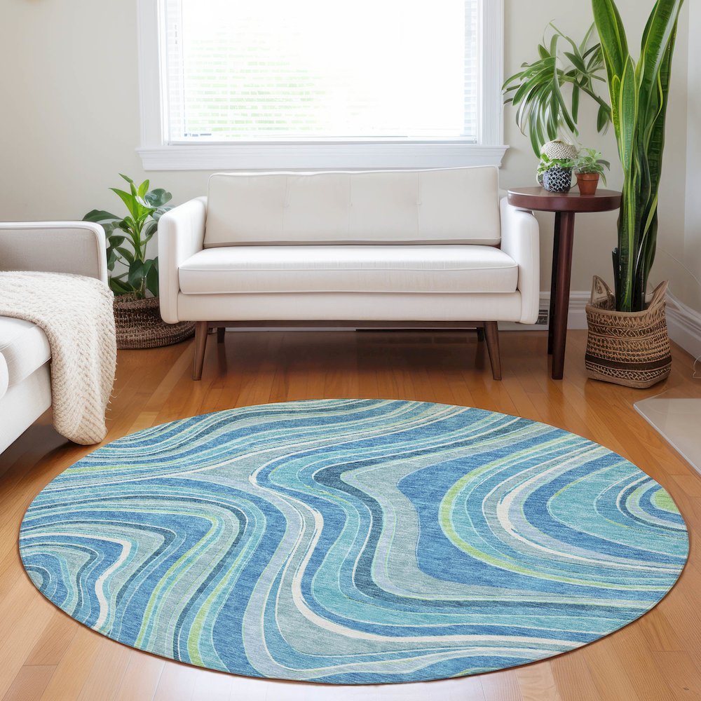 Premium Machine Washable Mayfield AMF756 Blue 8' x 8' Round Rug. Picture 5