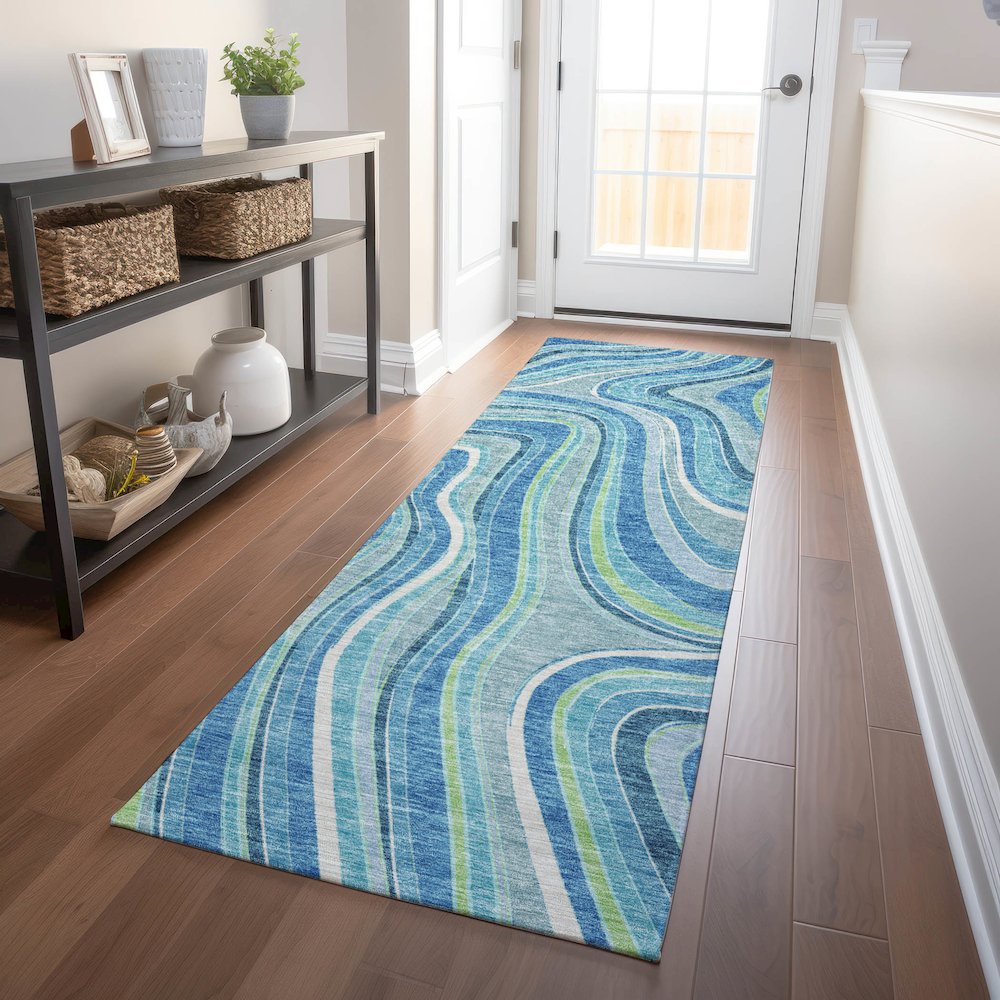 Premium Machine Washable Mayfield AMF756 Blue 2'3" x 7'6" Runner Rug. Picture 5