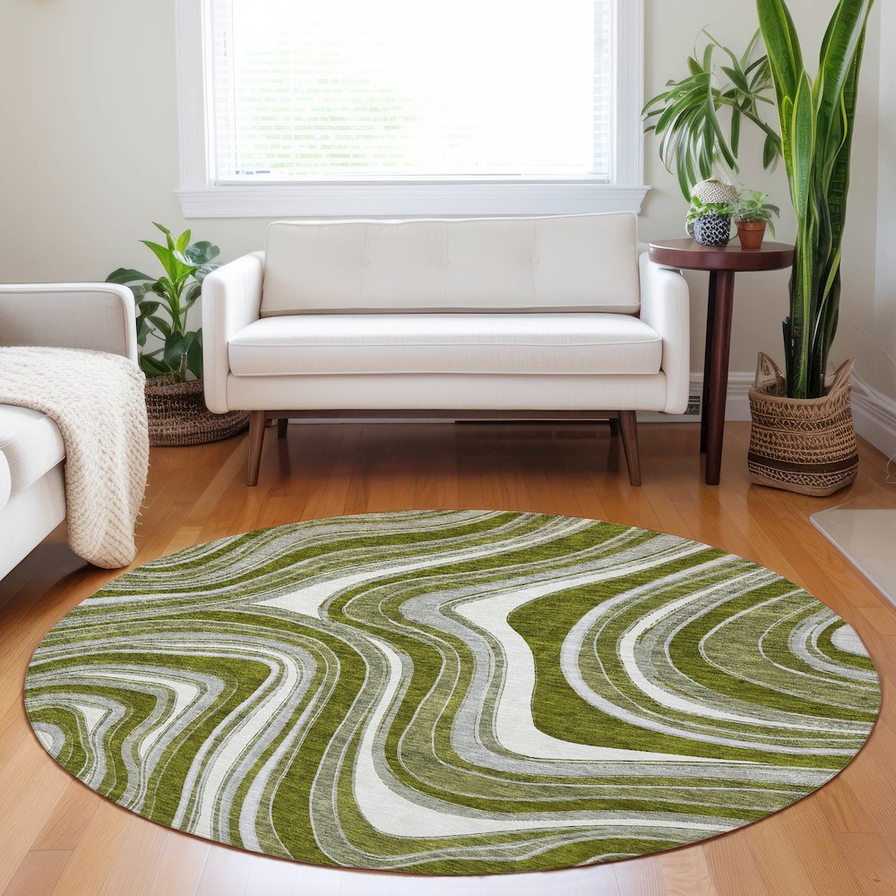 Premium Machine Washable Mayfield AMF756 Olive 8' x 8' Round Rug. Picture 5