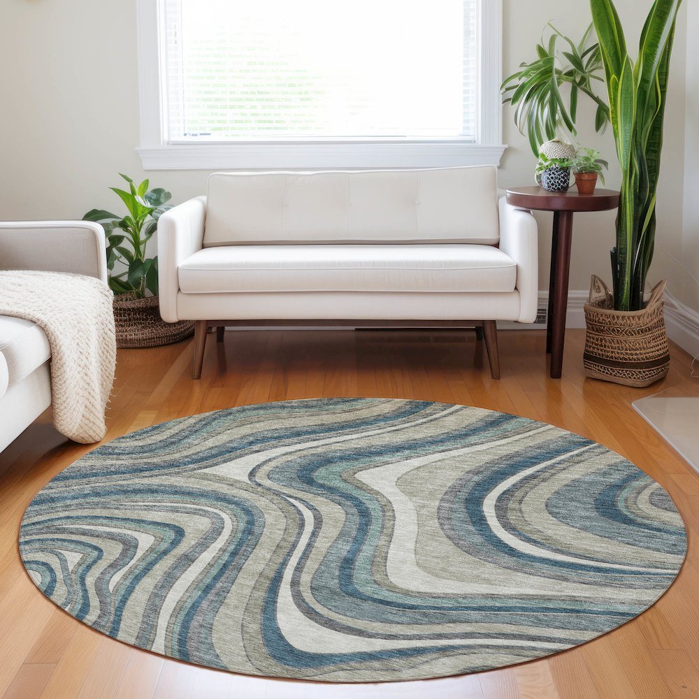 Premium Machine Washable Mayfield AMF756 Teal 8' x 8' Round Rug. Picture 5