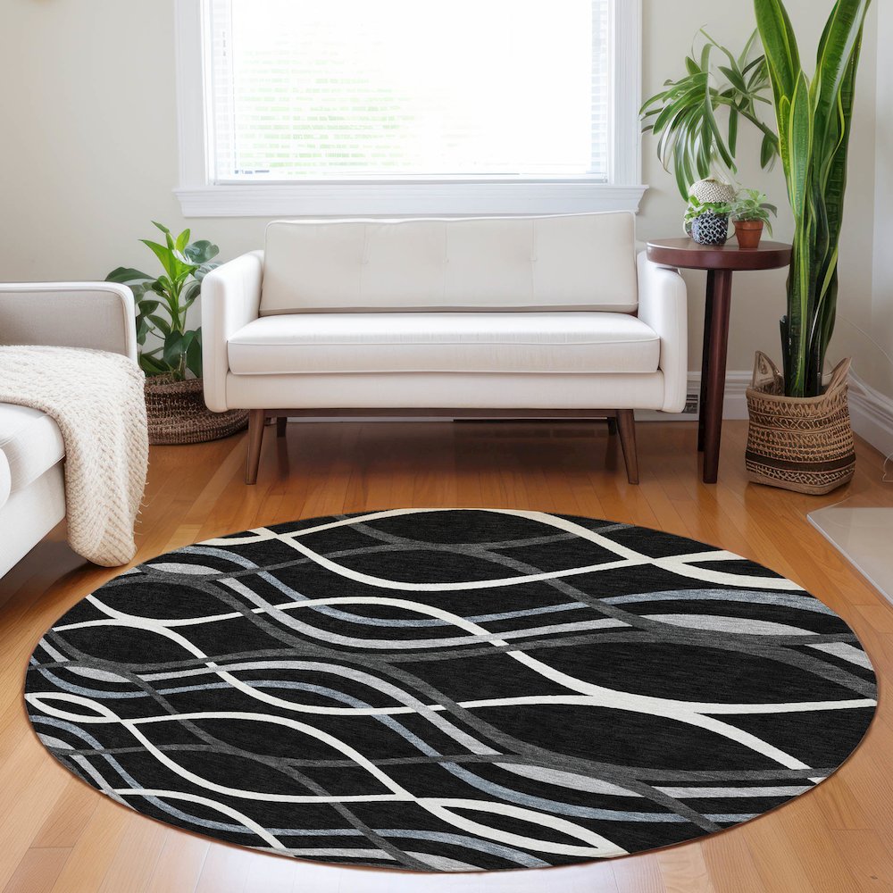 Premium Machine Washable Mayfield AMF757 Black 8' x 8' Round Rug. Picture 5
