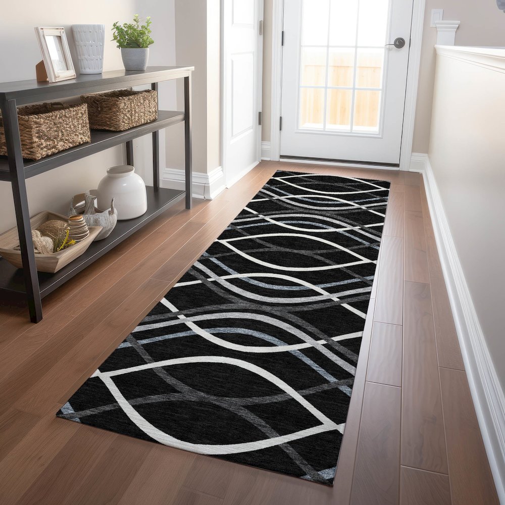 Premium Machine Washable Mayfield AMF757 Black 2'3" x 7'6" Runner Rug. Picture 5