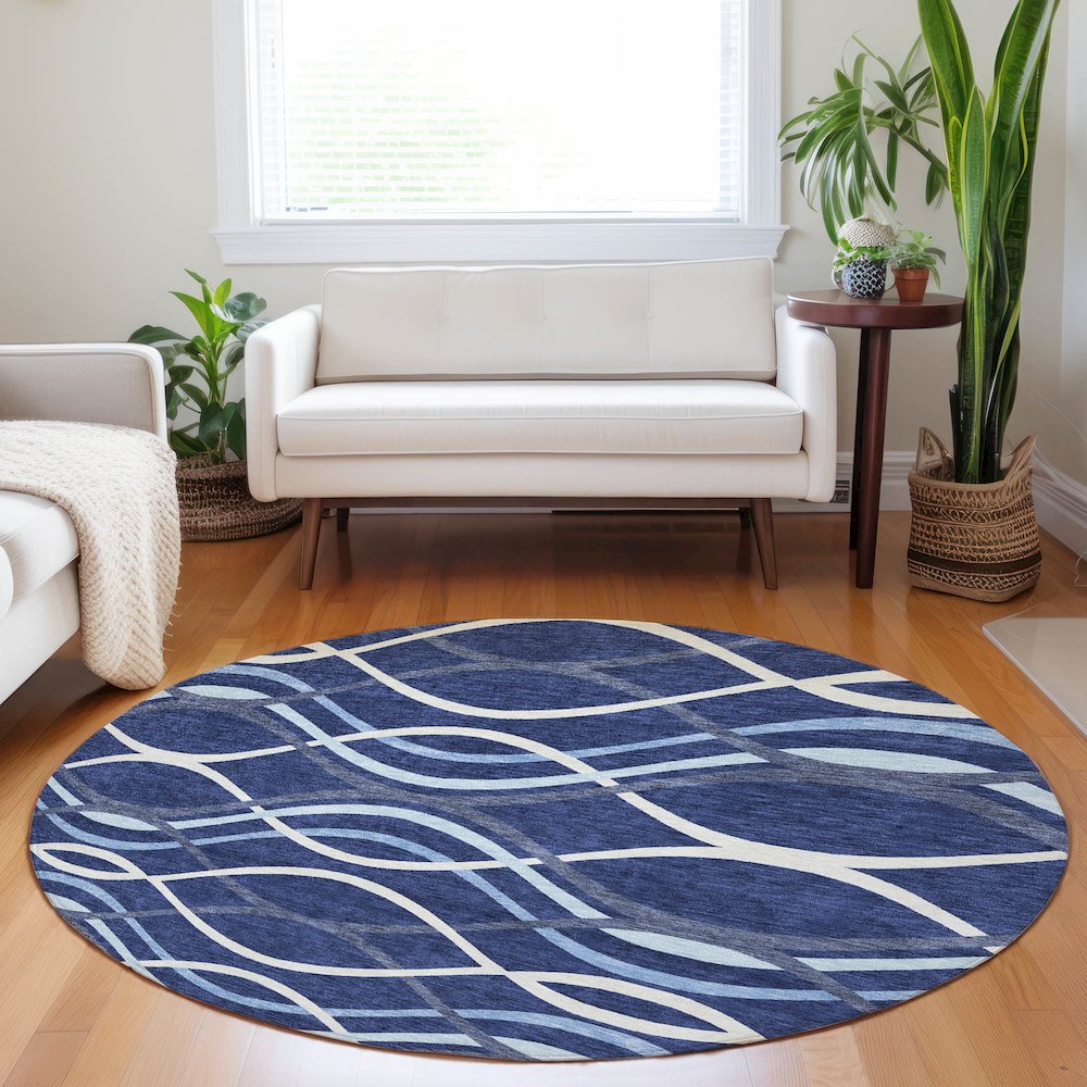 Premium Machine Washable Mayfield AMF757 Navy 8' x 8' Round Rug. Picture 5