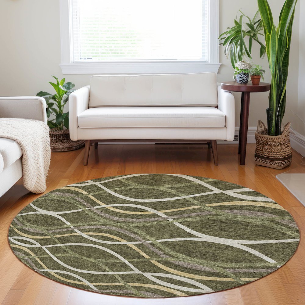 Premium Machine Washable Mayfield AMF757 Olive 8' x 8' Round Rug. Picture 5