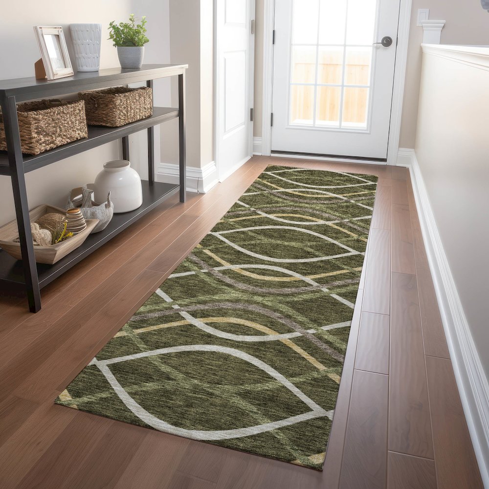 Premium Machine Washable Mayfield AMF757 Olive 2'3" x 7'6" Runner Rug. Picture 5