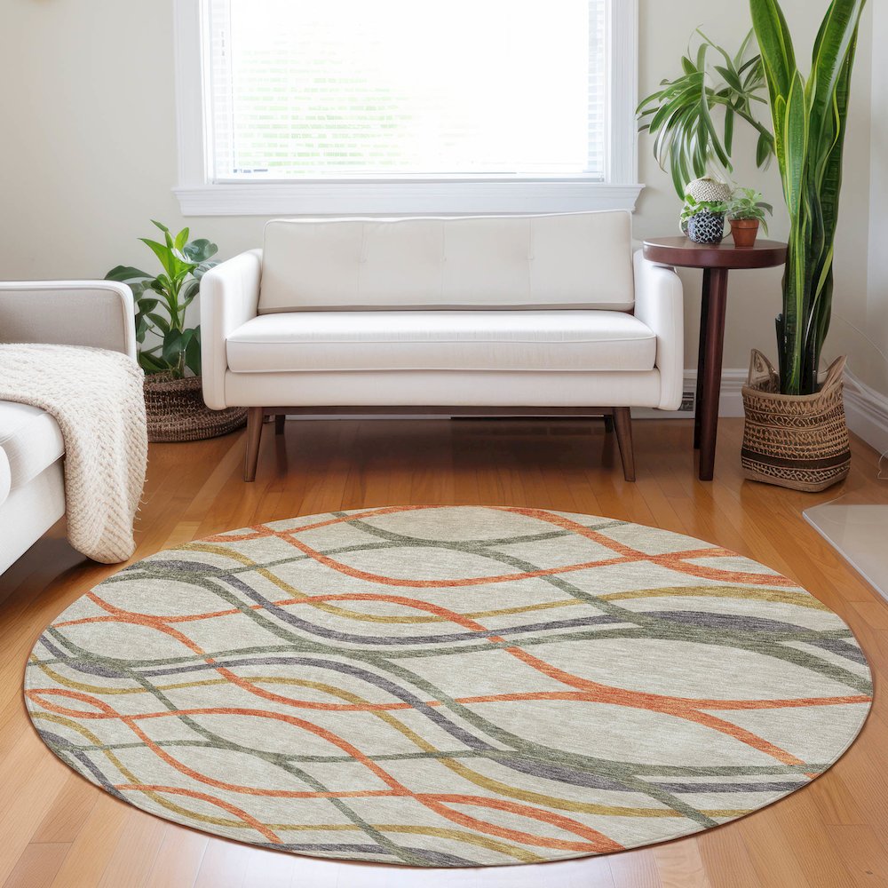 Premium Machine Washable Mayfield AMF757 Orange 8' x 8' Round Rug. Picture 5