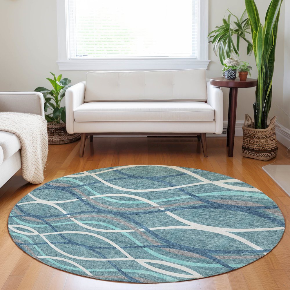 Premium Machine Washable Mayfield AMF757 Teal 8' x 8' Round Rug. Picture 5