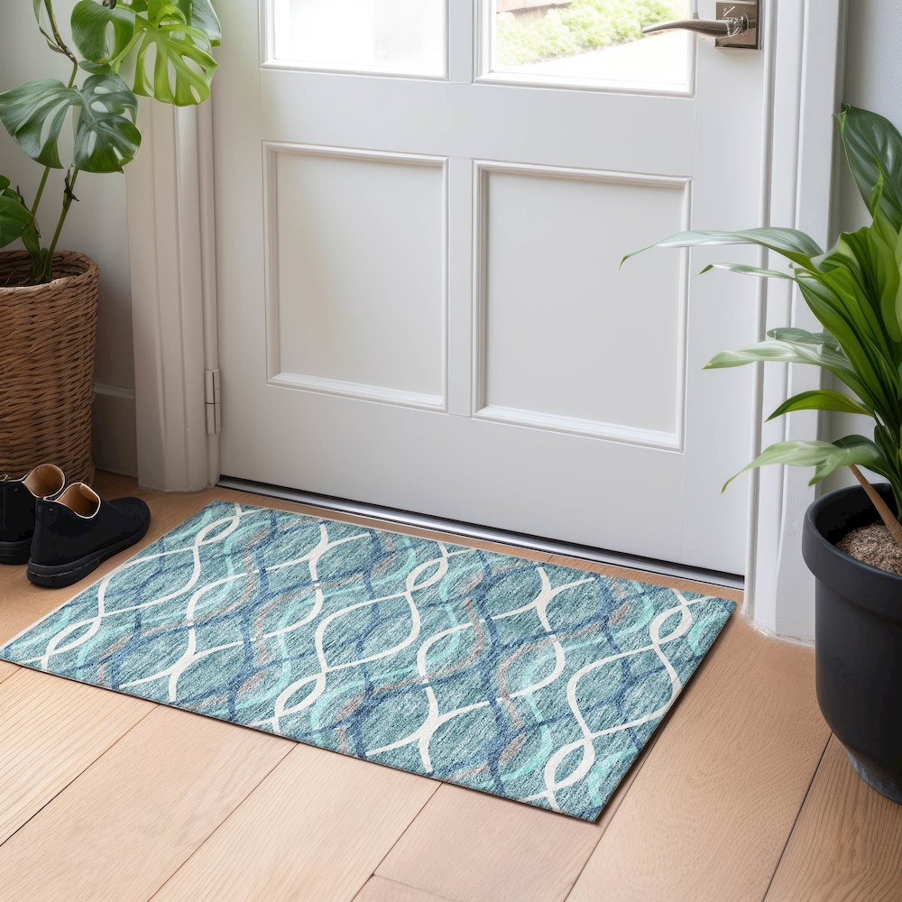 Premium Machine Washable Mayfield AMF757 Teal 1'8" x 2'6" Rug. Picture 5