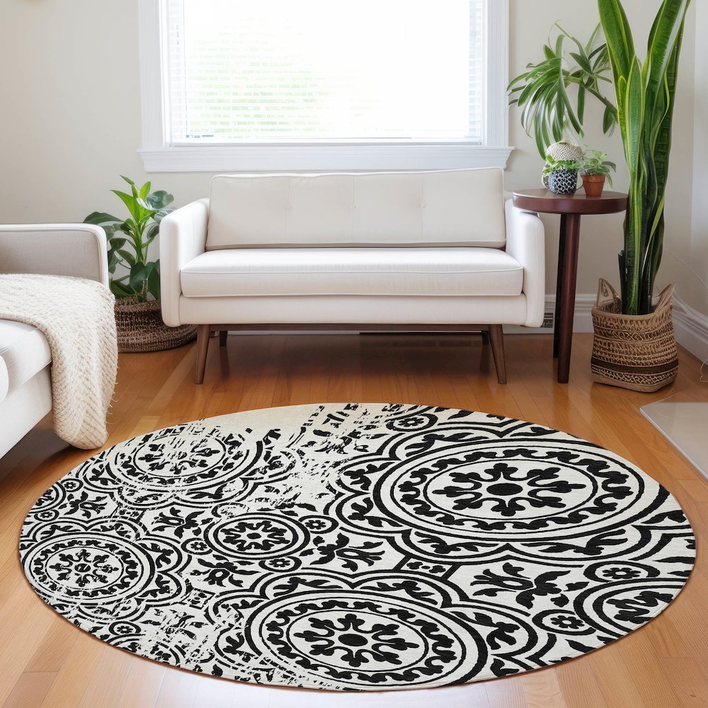 Premium Machine Washable Mayfield AMF758 Black 8' x 8' Round Rug. Picture 5