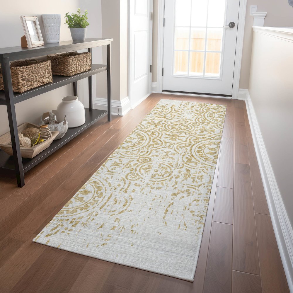 Premium Machine Washable Mayfield AMF758 Gold 2'3" x 7'6" Runner Rug. Picture 5