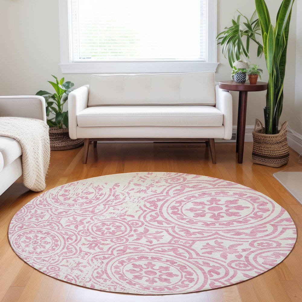 Premium Machine Washable Mayfield AMF758 Pink 8' x 8' Round Rug. Picture 5